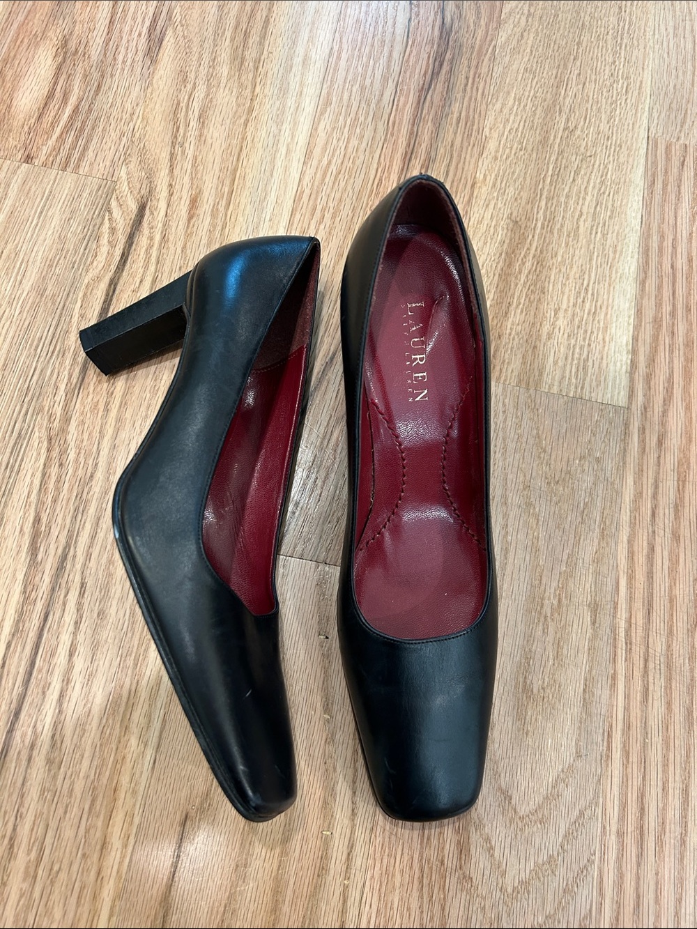 Lauren Ralph Lauren Black Leather Block Heel Pumps with Red Lining